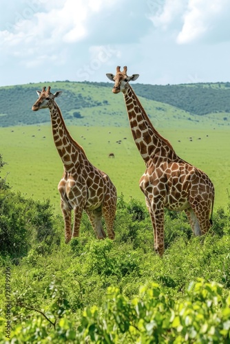 Giraffes Amidst African Savanna  Tall Stances and Patterned Fur