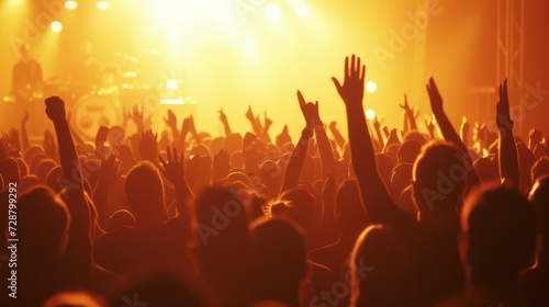 Silhouettes of concertgoers crowded in front of bright lights, capturing the euphoria of the band or singer's performance