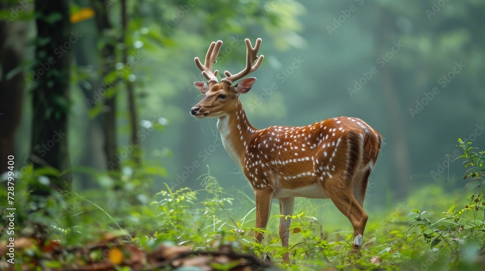 Spotted Deer in Serene Wayanad Forest: Side Profile with Antlers Spotted Deer in Serene Wayanad Forest: Side Profile with Antlers
