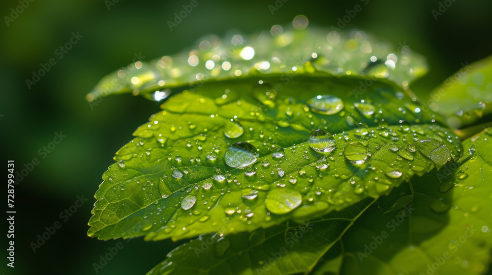 Detailed shot of water droplets on a green leaf after rain. Detailed shot of water droplets on a green leaf after rain.