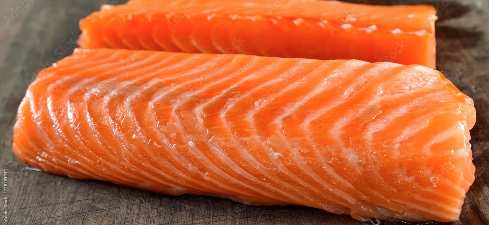 Salmon Fresh Raw Fillet on wooden board. Homemade cooking sliced salmon, serving food for restaurant, menu, advert or package, close up, selective focus