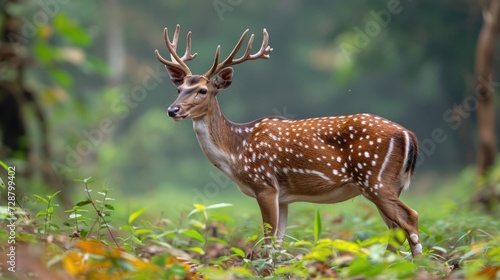 Rich Brown Spotted Deer Standing in Green Forest Clearing, Kerala © Landscape Planet