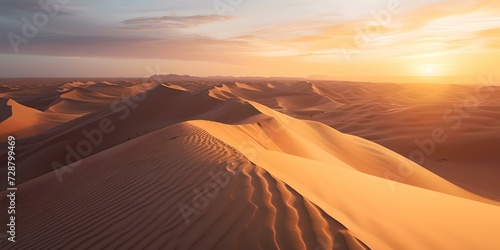 Breathtaking desert sunset  golden sand dunes under warm light. serene nature landscape  perfect for background or wall art. peaceful  tranquil scene with space for text. AI