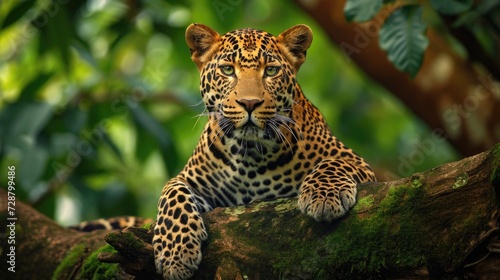 Leopard in Stealth Mode: Crouching on a Tree Branch with Muscles Rippling Beneath Its Spotted Fur, Set Against the Lush, Sunlit Canopy of the African Wilderness. © Landscape Planet