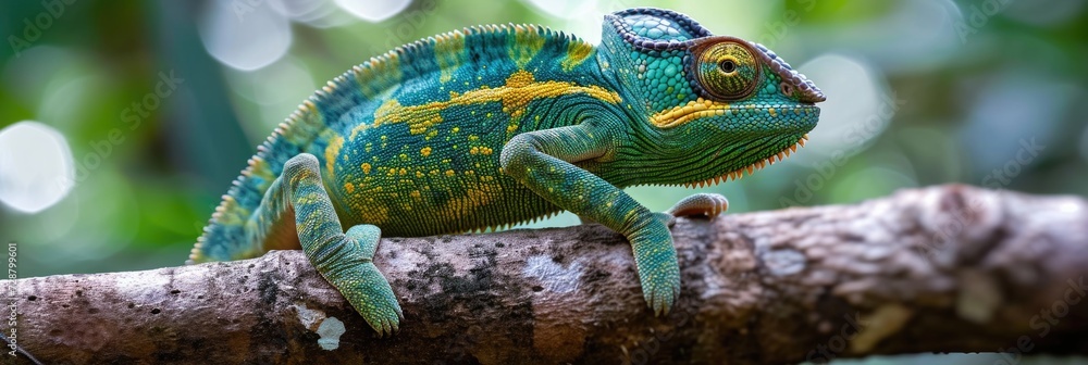 Fototapeta premium Vibrant Chameleon Perched on Tree: Independent Swiveling Eyes and Curled Tail