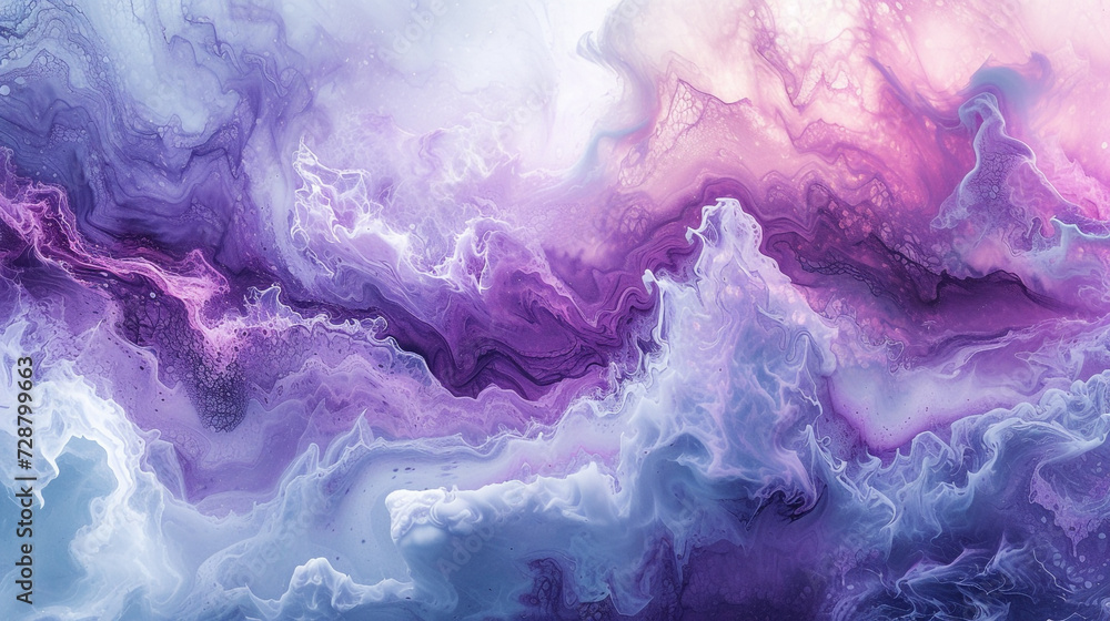 A dreamy and ethereal abstract painting on a marble slab with pastel purple and light blue colors, resembling a cloudy sky. 