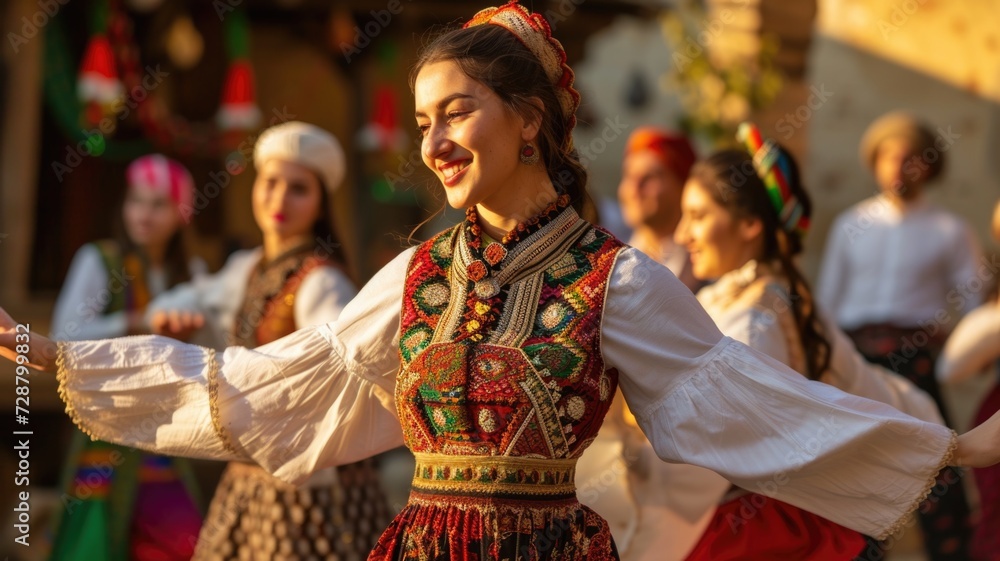 Woman in vibrant folk costume dancing with joy at cultural event