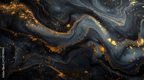 A dynamic interplay of midnight black and radiant gold, unfolding in an abstract dance on a polished marble background. 