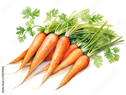 Watercolor illustration of fresh carrots bunch isolated on white background 