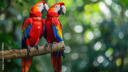 Scarlet Macaws in Close Encounter: Vibrant Red Plumage and Intimate Posture on Thick Branch, With a Soft-Focus Brazilian Jungle Backdrop.
