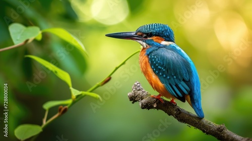 Kingfisher in Sharp Focus: Intricate Feathers and Pointed Beak Against a Soft, Green Leafy Backdrop Illuminated by Sunlight.