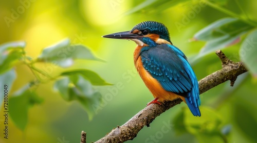 Kingfisher in Sharp Focus: Intricate Feathers and Pointed Beak Against a Soft, Green Leafy Backdrop Illuminated by Sunlight.