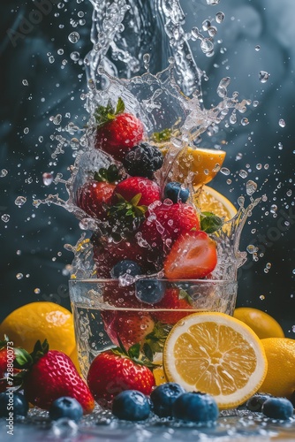 Vibrant fruits stand out with sharp focus  complemented by dynamic water splashes. 