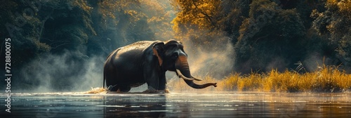Majestic Asian Elephant in River: Submerged in Mist with Lush Tropical Backdrop, Tusks Prominent and Trunk Spraying Water.