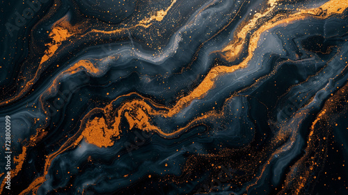 A dynamic interplay of midnight black and radiant gold, unfolding in an abstract dance on a polished marble background.  photo