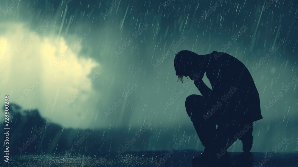 silhouette of a depressed person with stromy weather background - obrazy, fototapety, plakaty 