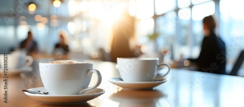 Close up cups of coffee or tea on the table in the office in the background. AI generated image