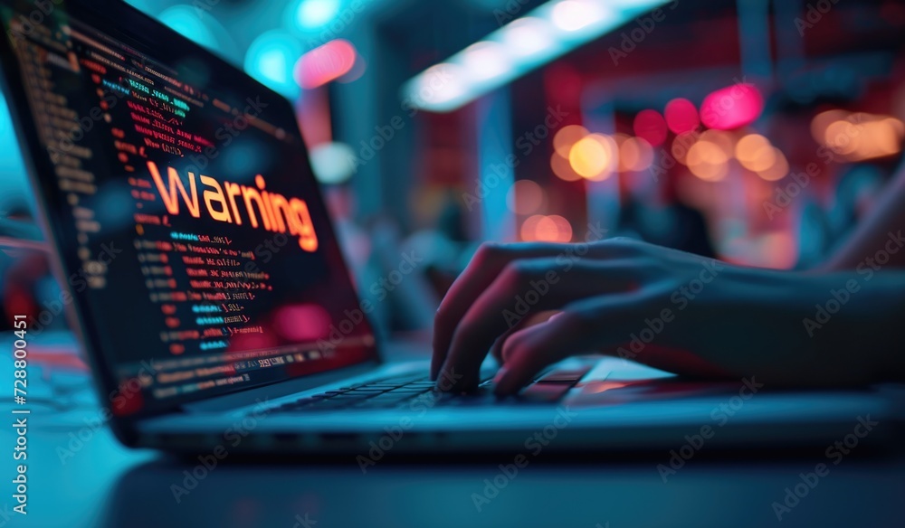 Cybersecurity warning alert on laptop screen with typing hands. Cybersecurity warning alert on laptop screen with typing hands.
