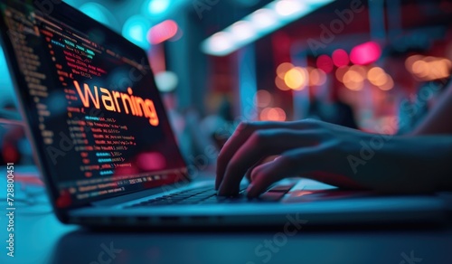 Cybersecurity Warning Alert on Laptop Screen with Typing Hands