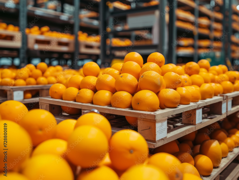 Ready to ship oranges stored in a cold warehouse. Photo footage for advertising orange products. Juice, cider, vinegar production in a citrus factory.