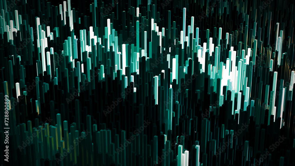 Abstract 3D background made of multi-colored cylinders. The up and down waves resemble the movement of rectangular three-dimensional growing pillars. Surface with square waves. 3D rendering. Abstract 3D background made of multi-colored cylinders. The up and down waves resemble the movement of rectangular three-dimensional growing pillars. Surface with square waves. 3D rendering.
