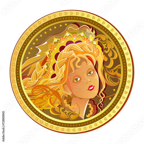 Fantasy illustration of ancient gold coin with woman's portrait. Medallion with fairies head in fairy tale environment. Drawing of beautiful girls silhouette with luxurious hairstyle. Vector image.