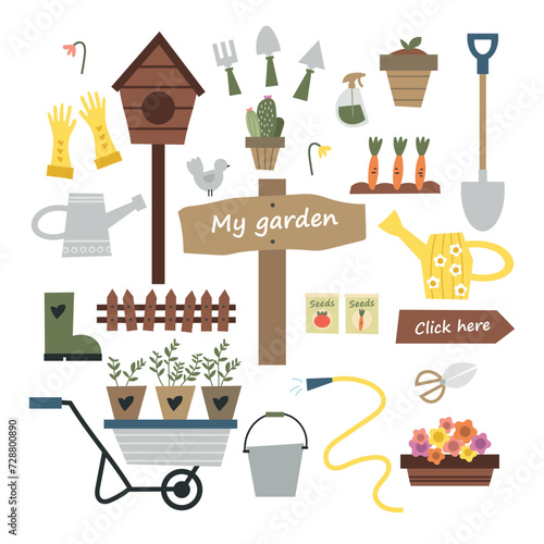 Illustration of gardening elements — hand-drawn vector doodle elements. Set of plant and gardening tools and equipment. Spring Series. gardening on a personal plot