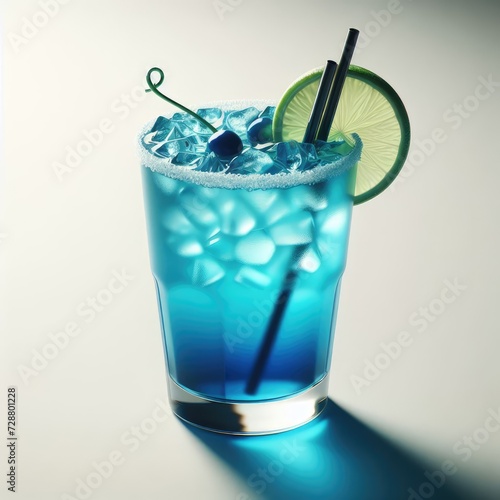 blue cocktail with ice in glass