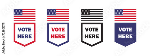 Vote here signs set. US Election and voting. Voting in election. Vector scalable graphics photo