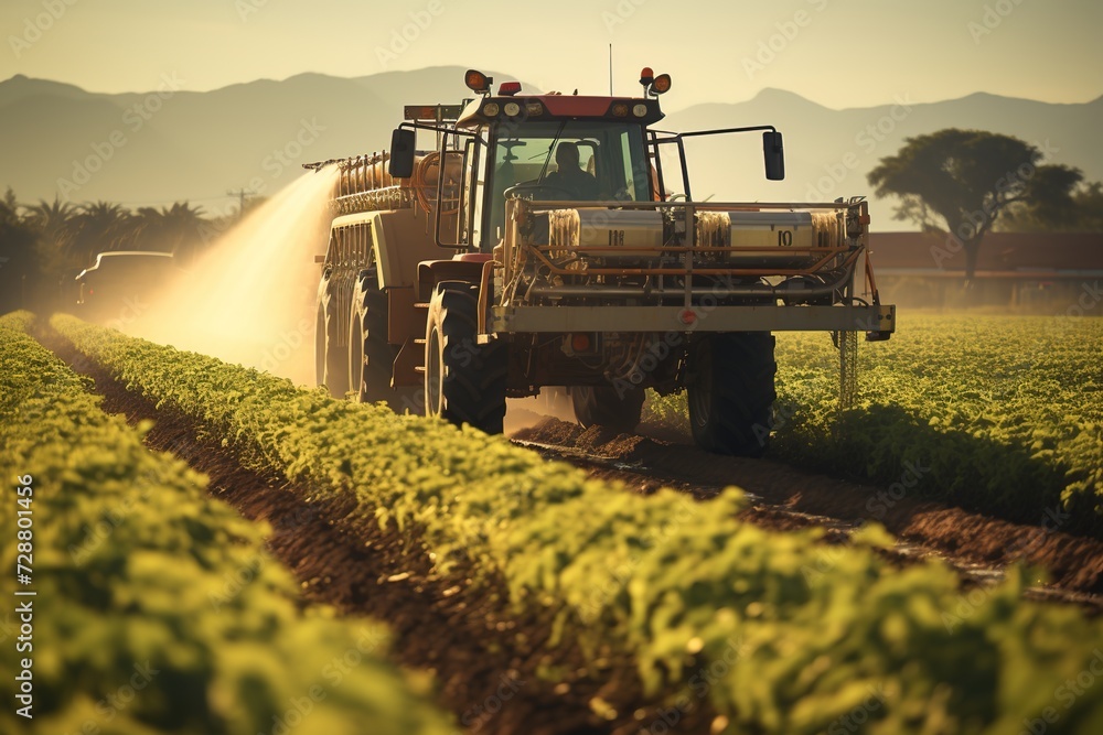 Fototapeta premium Farm Efficiency: A Tractor Drives Through the Fields, Performing Vital Irrigation Tasks to Maximize Crop Yield and Quality