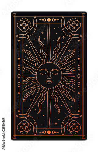 Tarot card concept. Mysticism and esotericism. Spirituality with golden ornament. Astrology and astronomy, occultism. Cartoon flat vector illustration isolated on white background