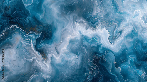 A marble slab with an abstract painting in shades of blue and white, resembling a cloudy sky. 