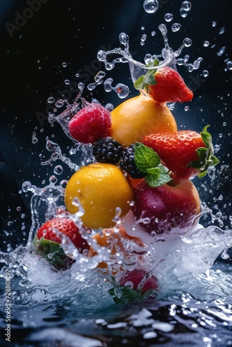 Fresh fruits with a sharp focus  enhanced by splashes of water.