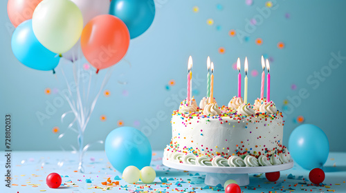 A festive delicious birthday cake with candles  balloons and confetti