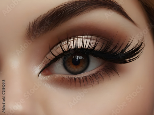 Close up eye with gigantic eyelashes, huge black pin up eyelines - brown eye woman photo