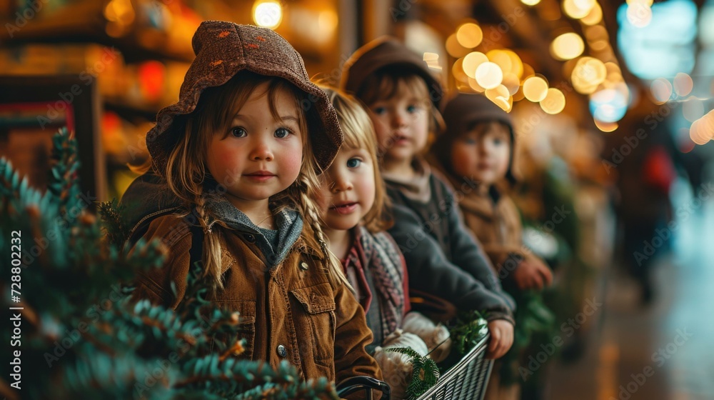 Obraz premium Three children in a store with a basket. Generative AI.