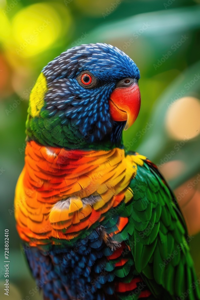 The Art of Feathers: A Coconut Lorikeet's Detailed Display of Color, From Blue Head to Green Body, Against the Serene Blur of a Tropical Forest.