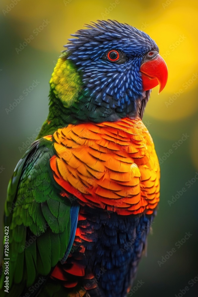 Coconut Lorikeet in Radiant Plumes: From Deep Blue to Fiery Orange, Perched Against a Blurred Tropical Backdrop.