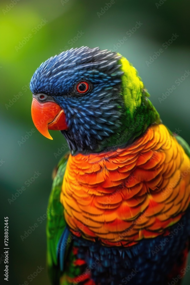 Kaleidoscope of Nature: A Coconut Lorikeet's Vivid Portrait, Showcasing Transitioning Hues from Blue to Green, Set in a Softly Focused Forest Scene.