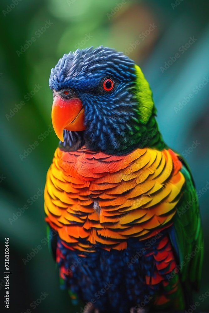 Kaleidoscope of Nature: A Coconut Lorikeet's Vivid Portrait, Showcasing Transitioning Hues from Blue to Green, Set in a Softly Focused Forest Scene. Kaleidoscope of Nature: A Coconut Lorikeet's Vivid Portrait, Showcasing Transitioning Hues from Blue to Green, Set in a Softly Focused Forest Scene.