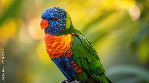 Coconut Lorikeet in Radiant Plumes: From Deep Blue to Fiery Orange, Perched Against a Blurred Tropical Backdrop.