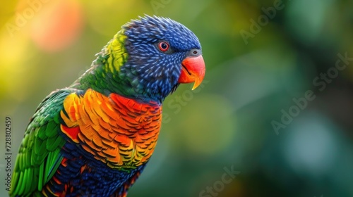 The Art of Feathers: A Coconut Lorikeet's Detailed Display of Color, From Blue Head to Green Body, Against the Serene Blur of a Tropical Forest.