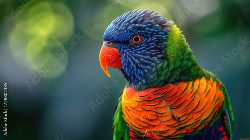 Kaleidoscope of Nature: A Coconut Lorikeet's Vivid Portrait, Showcasing Transitioning Hues from Blue to Green, Set in a Softly Focused Forest Scene.