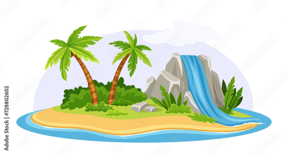 Tropical island scene. Mountain with palms and sand beach. Exotic coastline with lake. Paradse and hawaii. Social media sticker. Cartoon flat vector illustration isolated on white background