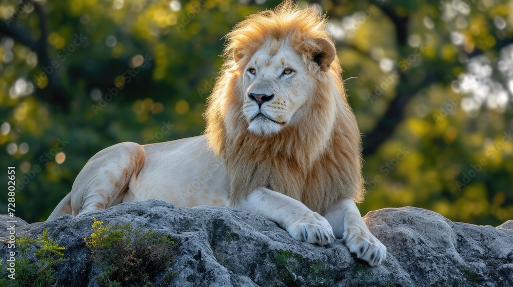 Obraz premium White Lion's Regal Posture: Piercing Eyes and Luxurious Mane, Bathed in Ethereal Light on a Masai Mara Jungle Outcrop.