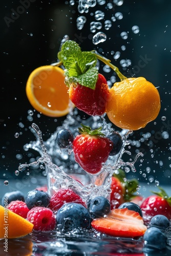Splash of water on fresh fruits with a clear focus