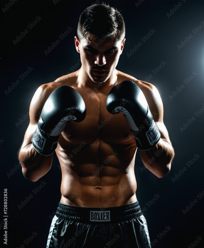 a low key photograph of a man with a pair of boxing gloves on