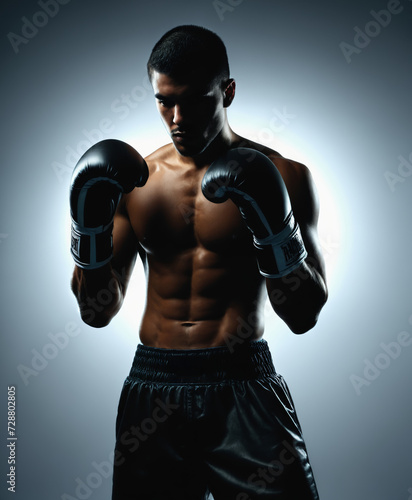 a low key photograph of a man with a pair of boxing gloves on