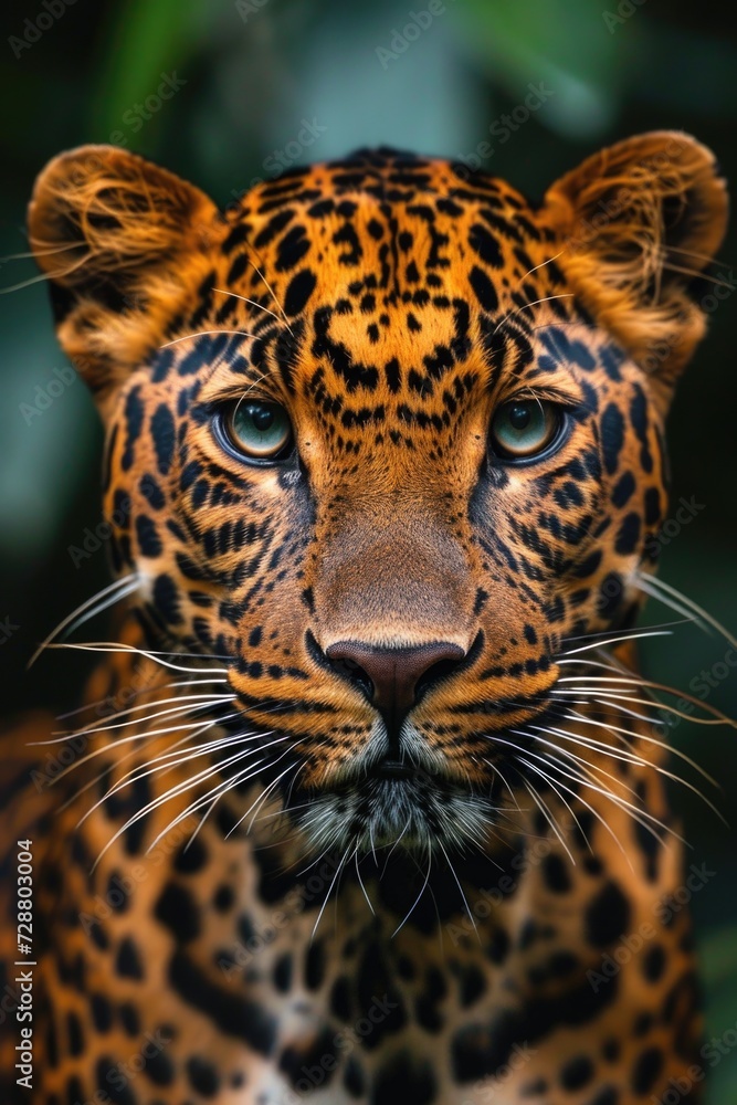 Javan Leopard's Gaze: Distinctive Rosettes on Golden Fur, Finely Detailed Whiskers Against a Dusky Rainforest Backdrop.