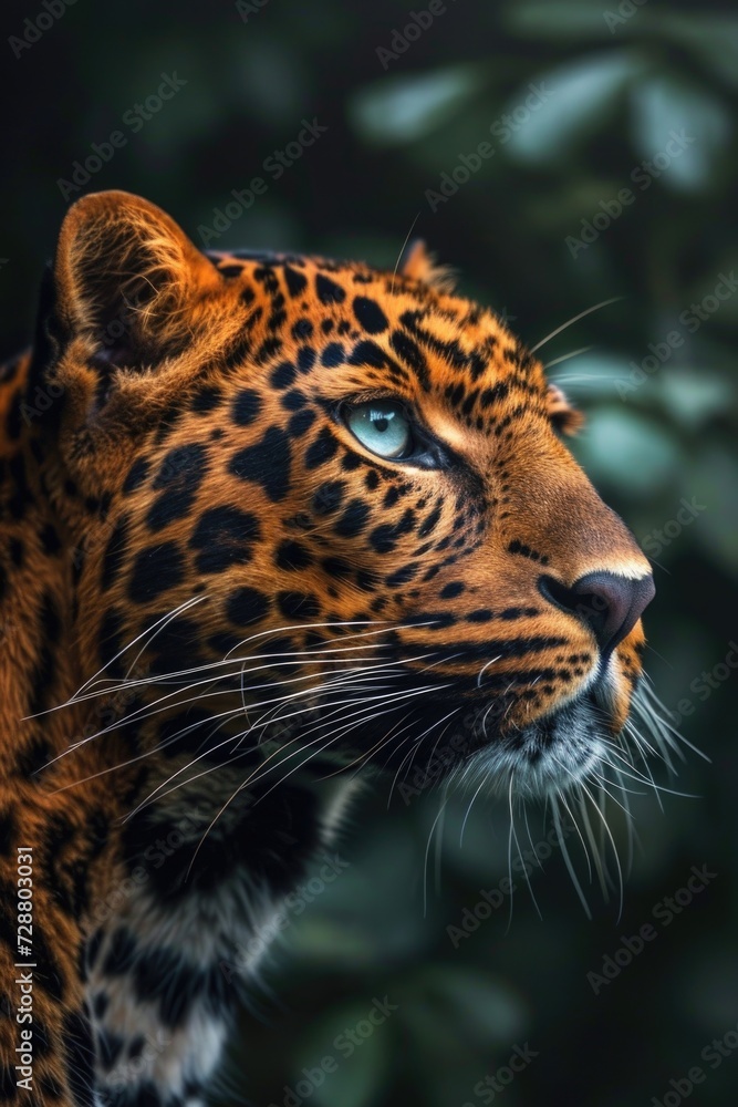 Fototapeta premium A Study in Wild Grace: Detailed Close-Up of a Javan Leopard, Golden Rosettes Shining, Set Against the Mysterious Depths of the Rainforest.